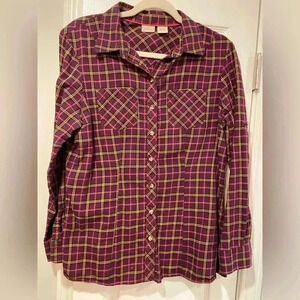 L.L. Bean Purple Pink Cotton Plaid Flannel Roll Tab Sleeve Button Down Size S